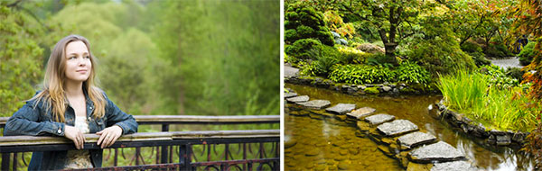 Contemplative Girl at Forest Bridge with Stone Path over Creek Diptych